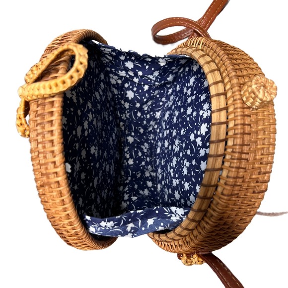 Womens Round Woven Straw Rattan Crossbody Bag Tan Leather Strap Floral Lined - Picture 6 of 16